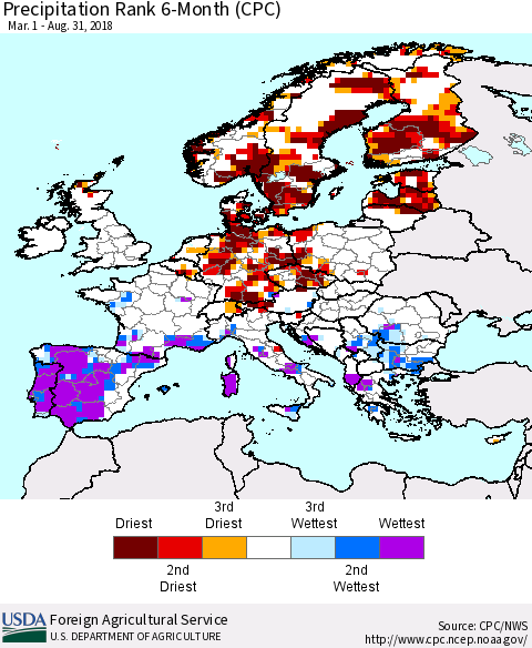 Europe Precipitation Rank since 1981, 6-Month (CPC) Thematic Map For 3/1/2018 - 8/31/2018