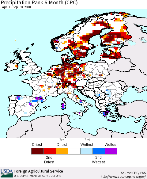 Europe Precipitation Rank since 1981, 6-Month (CPC) Thematic Map For 4/1/2018 - 9/30/2018