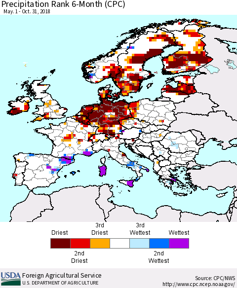 Europe Precipitation Rank since 1981, 6-Month (CPC) Thematic Map For 5/1/2018 - 10/31/2018