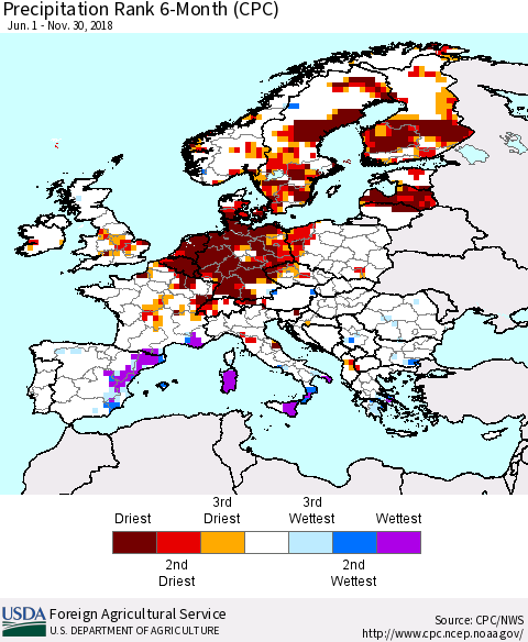 Europe Precipitation Rank since 1981, 6-Month (CPC) Thematic Map For 6/1/2018 - 11/30/2018