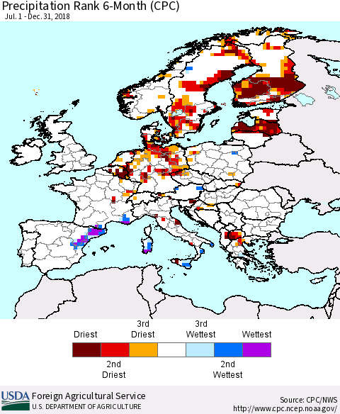 Europe Precipitation Rank since 1981, 6-Month (CPC) Thematic Map For 7/1/2018 - 12/31/2018
