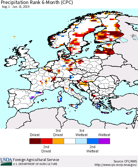 Europe Precipitation Rank since 1981, 6-Month (CPC) Thematic Map For 8/1/2018 - 1/31/2019
