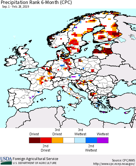 Europe Precipitation Rank since 1981, 6-Month (CPC) Thematic Map For 9/1/2018 - 2/28/2019