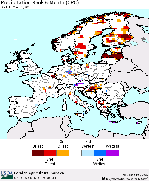 Europe Precipitation Rank since 1981, 6-Month (CPC) Thematic Map For 10/1/2018 - 3/31/2019