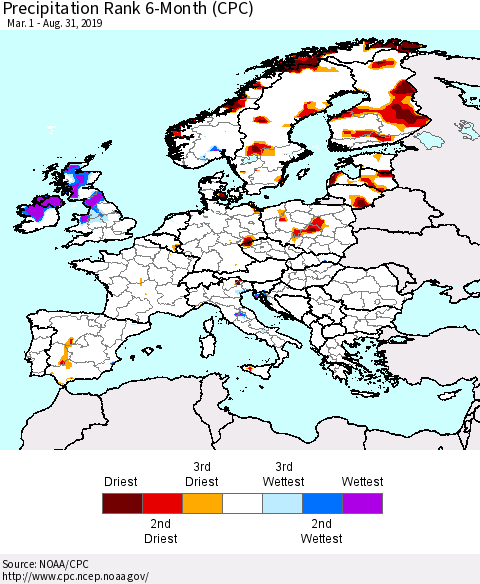 Europe Precipitation Rank since 1981, 6-Month (CPC) Thematic Map For 3/1/2019 - 8/31/2019