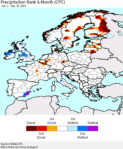 Europe Precipitation Rank since 1981, 6-Month (CPC) Thematic Map For 4/1/2019 - 9/30/2019