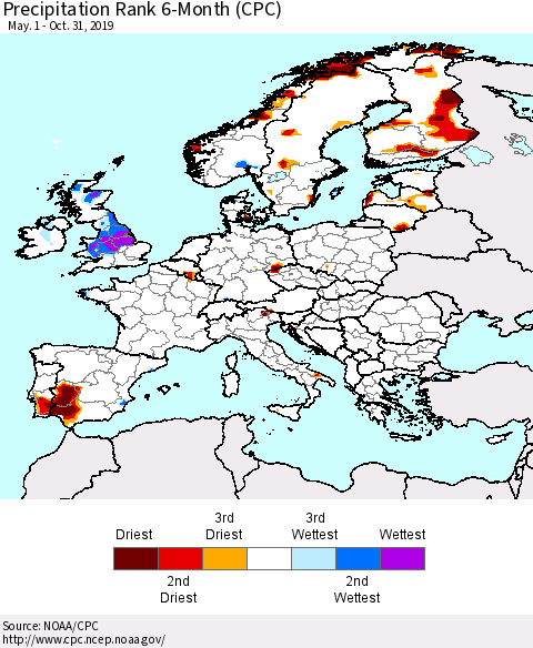 Europe Precipitation Rank since 1981, 6-Month (CPC) Thematic Map For 5/1/2019 - 10/31/2019