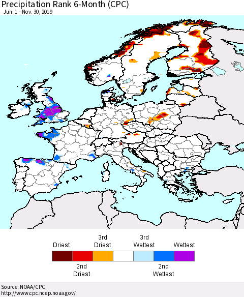 Europe Precipitation Rank since 1981, 6-Month (CPC) Thematic Map For 6/1/2019 - 11/30/2019