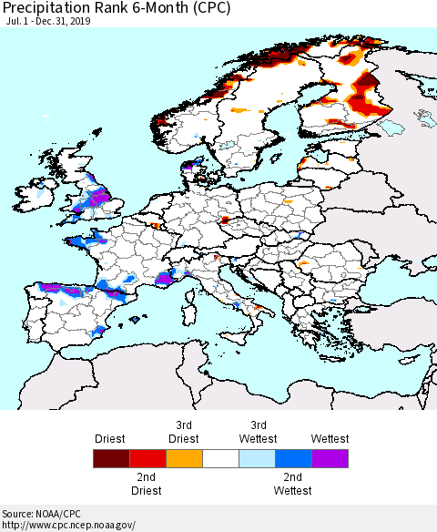Europe Precipitation Rank since 1981, 6-Month (CPC) Thematic Map For 7/1/2019 - 12/31/2019