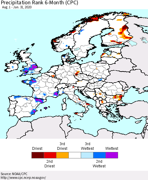 Europe Precipitation Rank since 1981, 6-Month (CPC) Thematic Map For 8/1/2019 - 1/31/2020