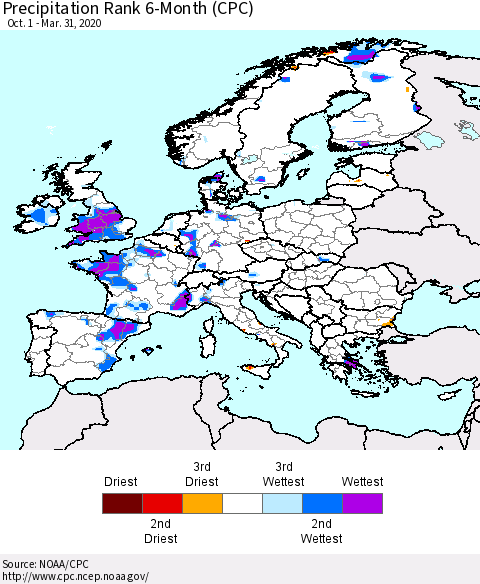 Europe Precipitation Rank 6-Month (CPC) Thematic Map For 10/1/2019 - 3/31/2020