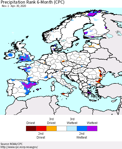Europe Precipitation Rank 6-Month (CPC) Thematic Map For 11/1/2019 - 4/30/2020