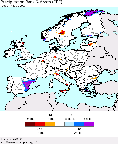 Europe Precipitation Rank 6-Month (CPC) Thematic Map For 12/1/2019 - 5/31/2020