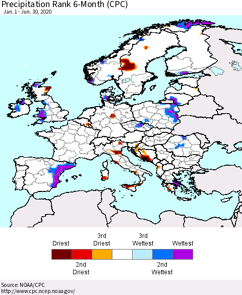 Europe Precipitation Rank 6-Month (CPC) Thematic Map For 1/1/2020 - 6/30/2020