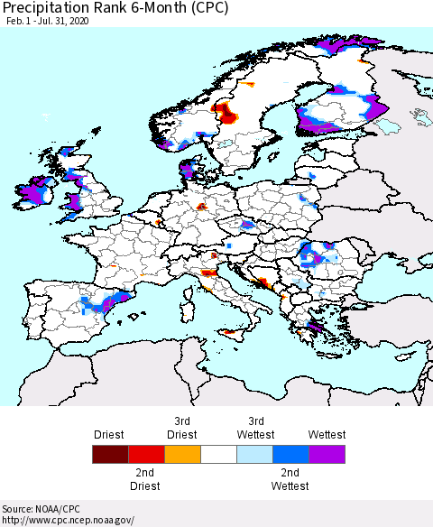 Europe Precipitation Rank 6-Month (CPC) Thematic Map For 2/1/2020 - 7/31/2020