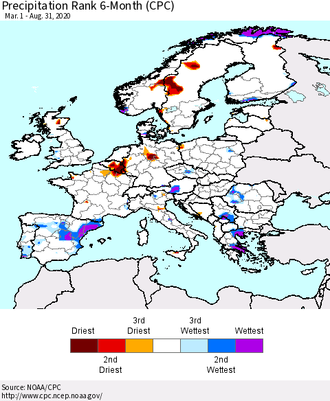 Europe Precipitation Rank 6-Month (CPC) Thematic Map For 3/1/2020 - 8/31/2020