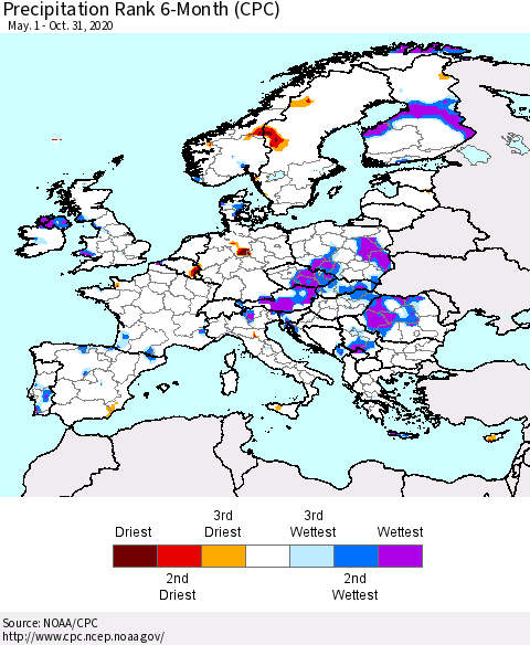 Europe Precipitation Rank 6-Month (CPC) Thematic Map For 5/1/2020 - 10/31/2020