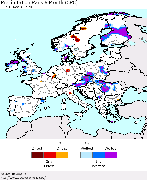Europe Precipitation Rank 6-Month (CPC) Thematic Map For 6/1/2020 - 11/30/2020