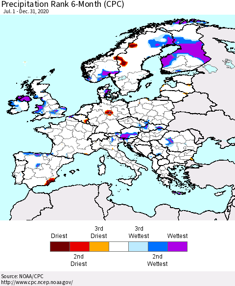 Europe Precipitation Rank 6-Month (CPC) Thematic Map For 7/1/2020 - 12/31/2020