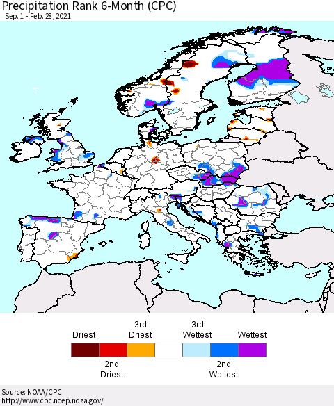 Europe Precipitation Rank 6-Month (CPC) Thematic Map For 9/1/2020 - 2/28/2021