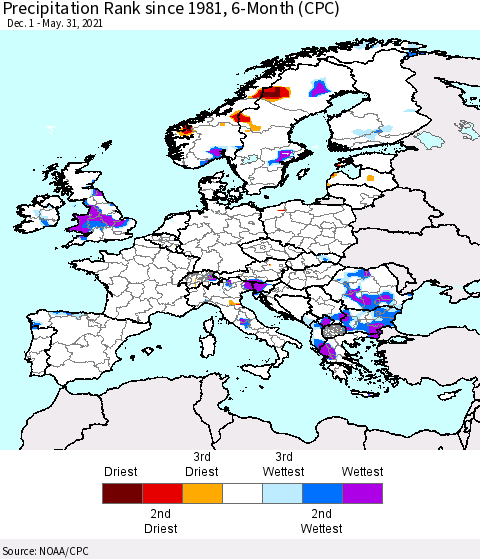 Europe Precipitation Rank 6-Month (CPC) Thematic Map For 12/1/2020 - 5/31/2021