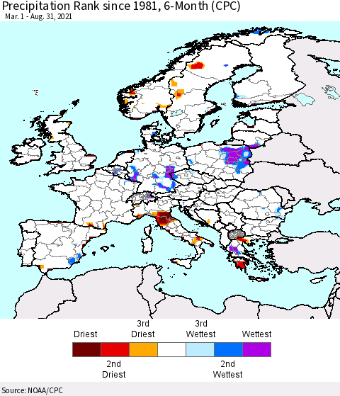 Europe Precipitation Rank 6-Month (CPC) Thematic Map For 3/1/2021 - 8/31/2021