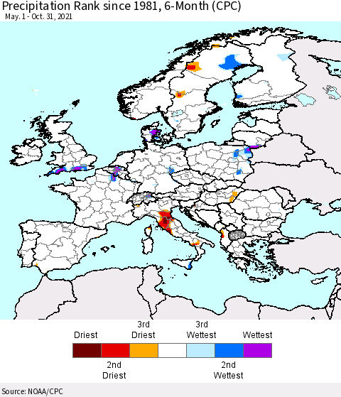 Europe Precipitation Rank 6-Month (CPC) Thematic Map For 5/1/2021 - 10/31/2021
