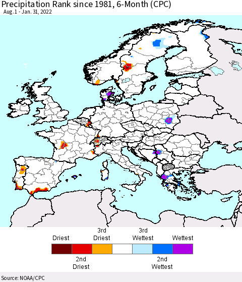 Europe Precipitation Rank 6-Month (CPC) Thematic Map For 8/1/2021 - 1/31/2022