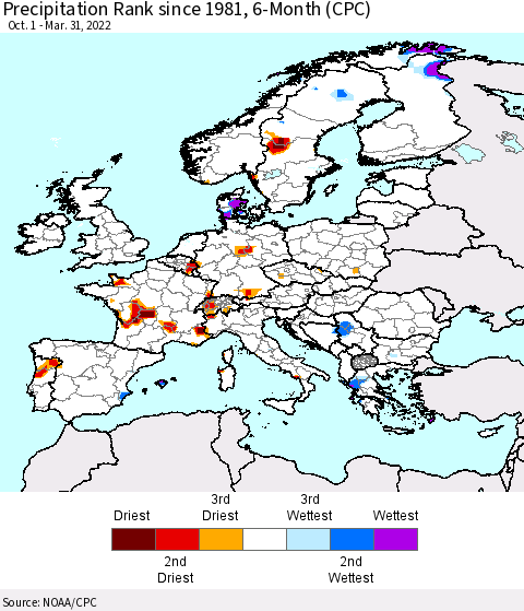 Europe Precipitation Rank since 1981, 6-Month (CPC) Thematic Map For 10/1/2021 - 3/31/2022