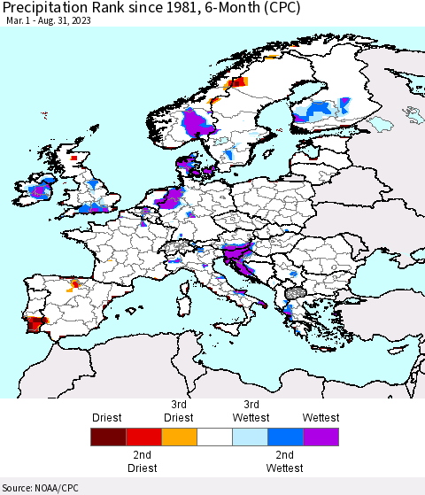 Europe Precipitation Rank since 1981, 6-Month (CPC) Thematic Map For 3/1/2023 - 8/31/2023
