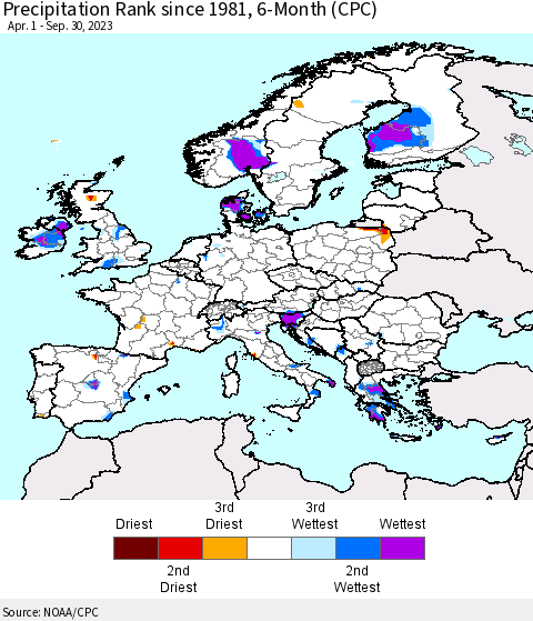 Europe Precipitation Rank since 1981, 6-Month (CPC) Thematic Map For 4/1/2023 - 9/30/2023