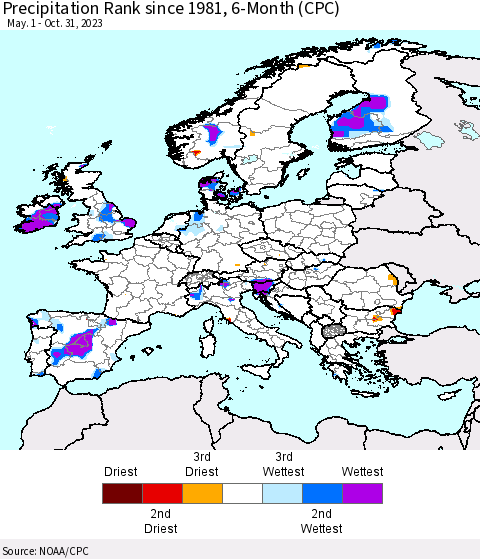 Europe Precipitation Rank since 1981, 6-Month (CPC) Thematic Map For 5/1/2023 - 10/31/2023