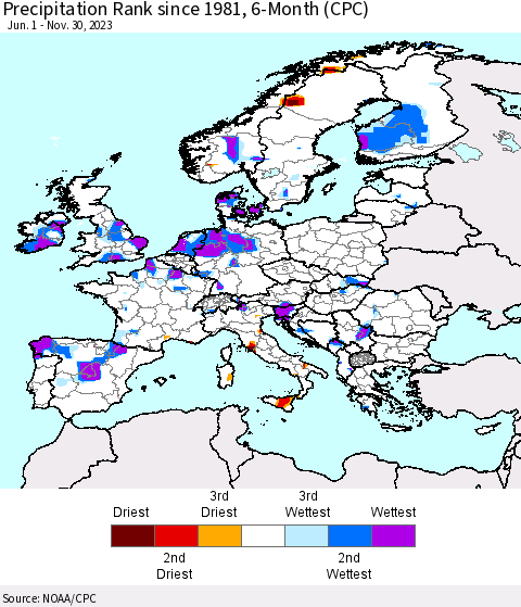 Europe Precipitation Rank since 1981, 6-Month (CPC) Thematic Map For 6/1/2023 - 11/30/2023