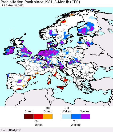 Europe Precipitation Rank since 1981, 6-Month (CPC) Thematic Map For 7/1/2023 - 12/31/2023