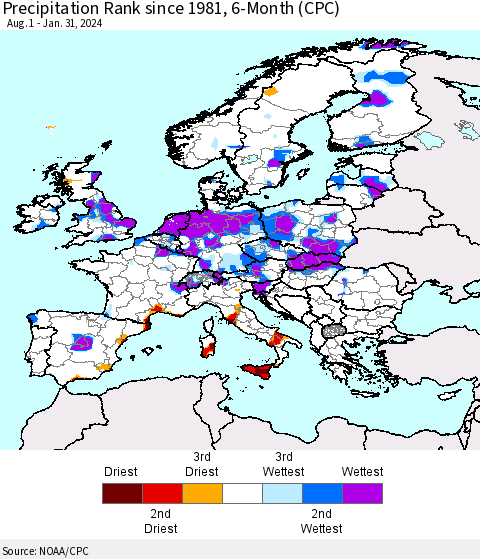 Europe Precipitation Rank since 1981, 6-Month (CPC) Thematic Map For 8/1/2023 - 1/31/2024