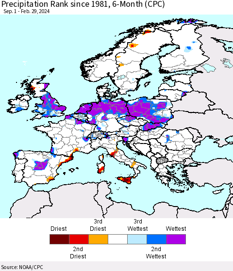Europe Precipitation Rank since 1981, 6-Month (CPC) Thematic Map For 9/1/2023 - 2/29/2024
