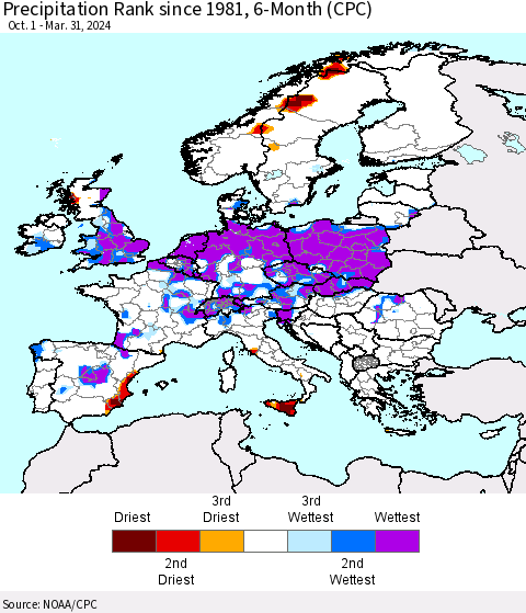 Europe Precipitation Rank since 1981, 6-Month (CPC) Thematic Map For 10/1/2023 - 3/31/2024