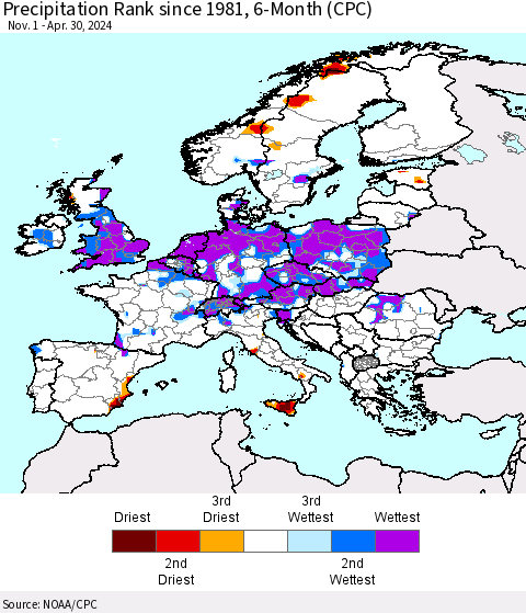 Europe Precipitation Rank since 1981, 6-Month (CPC) Thematic Map For 11/1/2023 - 4/30/2024