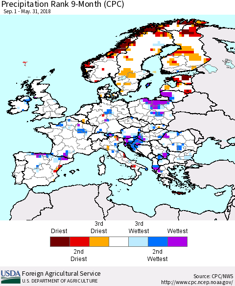 Europe Precipitation Rank since 1981, 9-Month (CPC) Thematic Map For 9/1/2017 - 5/31/2018
