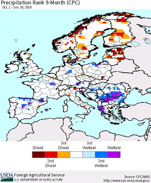 Europe Precipitation Rank since 1981, 9-Month (CPC) Thematic Map For 10/1/2017 - 6/30/2018