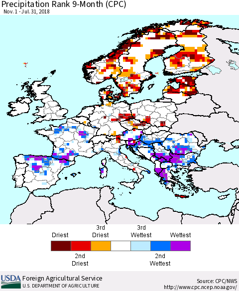 Europe Precipitation Rank since 1981, 9-Month (CPC) Thematic Map For 11/1/2017 - 7/31/2018