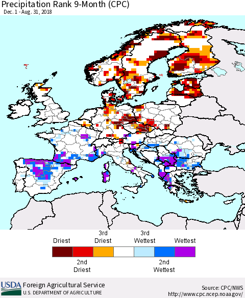 Europe Precipitation Rank since 1981, 9-Month (CPC) Thematic Map For 12/1/2017 - 8/31/2018