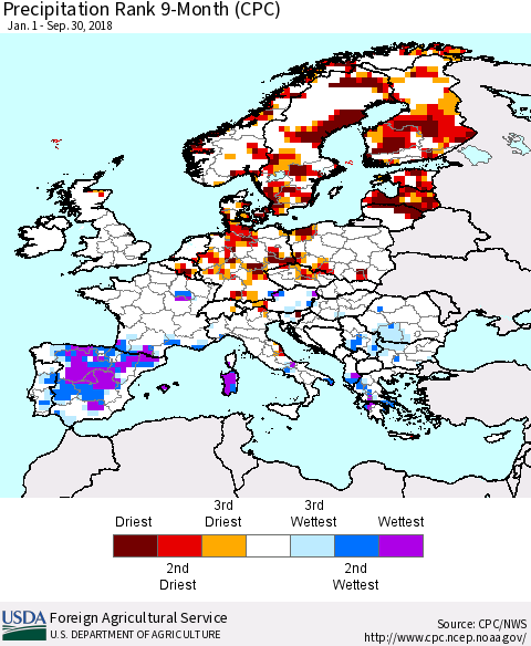 Europe Precipitation Rank since 1981, 9-Month (CPC) Thematic Map For 1/1/2018 - 9/30/2018
