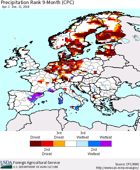 Europe Precipitation Rank since 1981, 9-Month (CPC) Thematic Map For 4/1/2018 - 12/31/2018