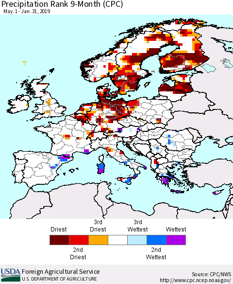 Europe Precipitation Rank since 1981, 9-Month (CPC) Thematic Map For 5/1/2018 - 1/31/2019