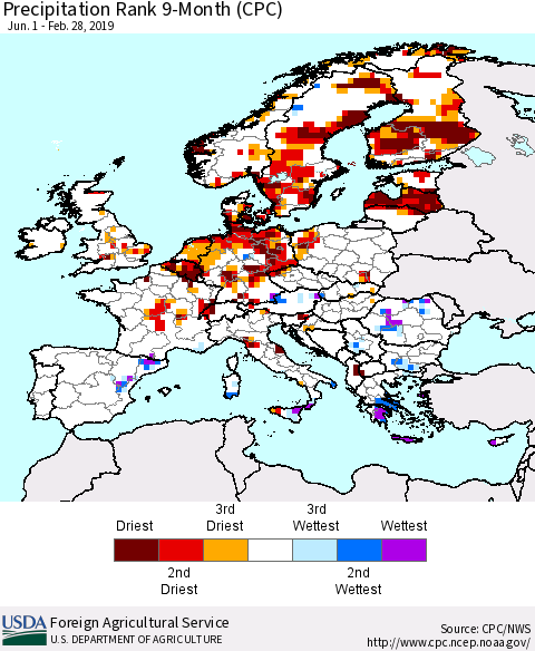 Europe Precipitation Rank since 1981, 9-Month (CPC) Thematic Map For 6/1/2018 - 2/28/2019