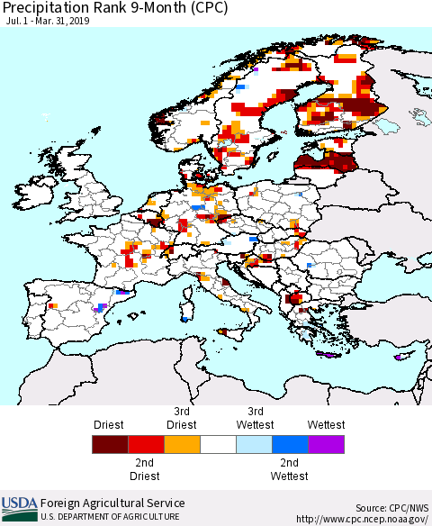 Europe Precipitation Rank since 1981, 9-Month (CPC) Thematic Map For 7/1/2018 - 3/31/2019