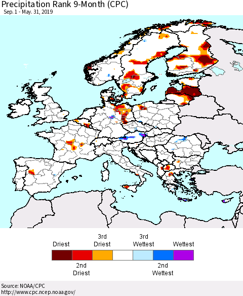 Europe Precipitation Rank since 1981, 9-Month (CPC) Thematic Map For 9/1/2018 - 5/31/2019