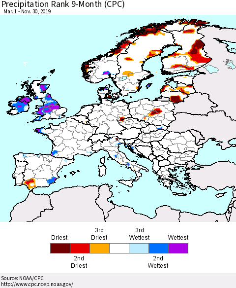 Europe Precipitation Rank since 1981, 9-Month (CPC) Thematic Map For 3/1/2019 - 11/30/2019