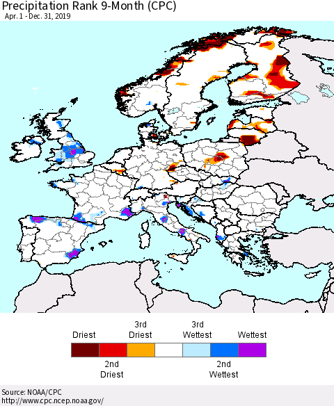 Europe Precipitation Rank since 1981, 9-Month (CPC) Thematic Map For 4/1/2019 - 12/31/2019